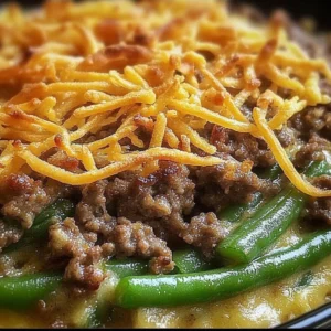 Delicious Hamburger Green Bean Casserole served hot in a baking dish