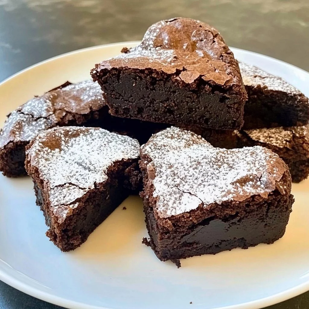 Heart shaped brownies with frosting and sprinkles on a decorative plate.
