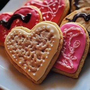Freshly baked heart-shaped cookies decorated with icing and sprinkles