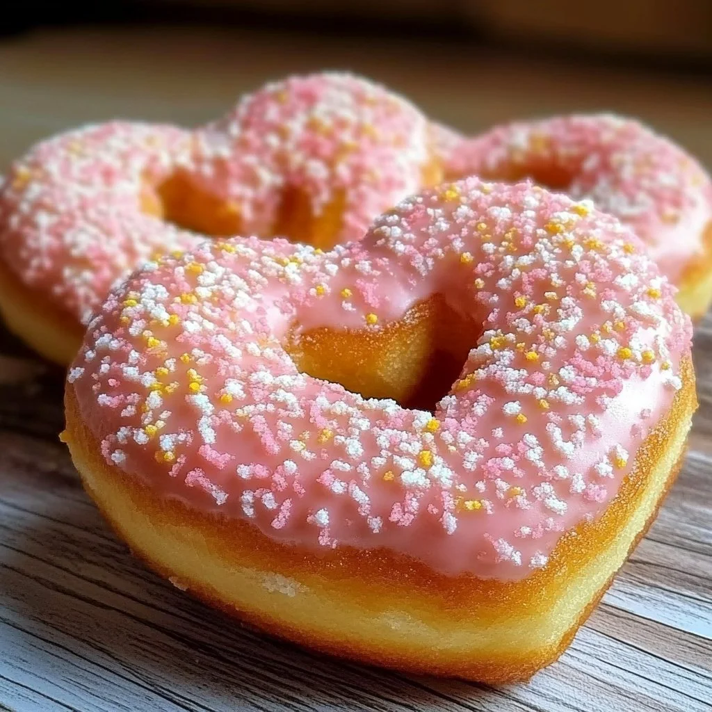 Delicious heart-shaped donuts with colorful sprinkles and icing.