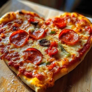 Delicious heart-shaped pizza topped with fresh ingredients, ideal for romantic meals.