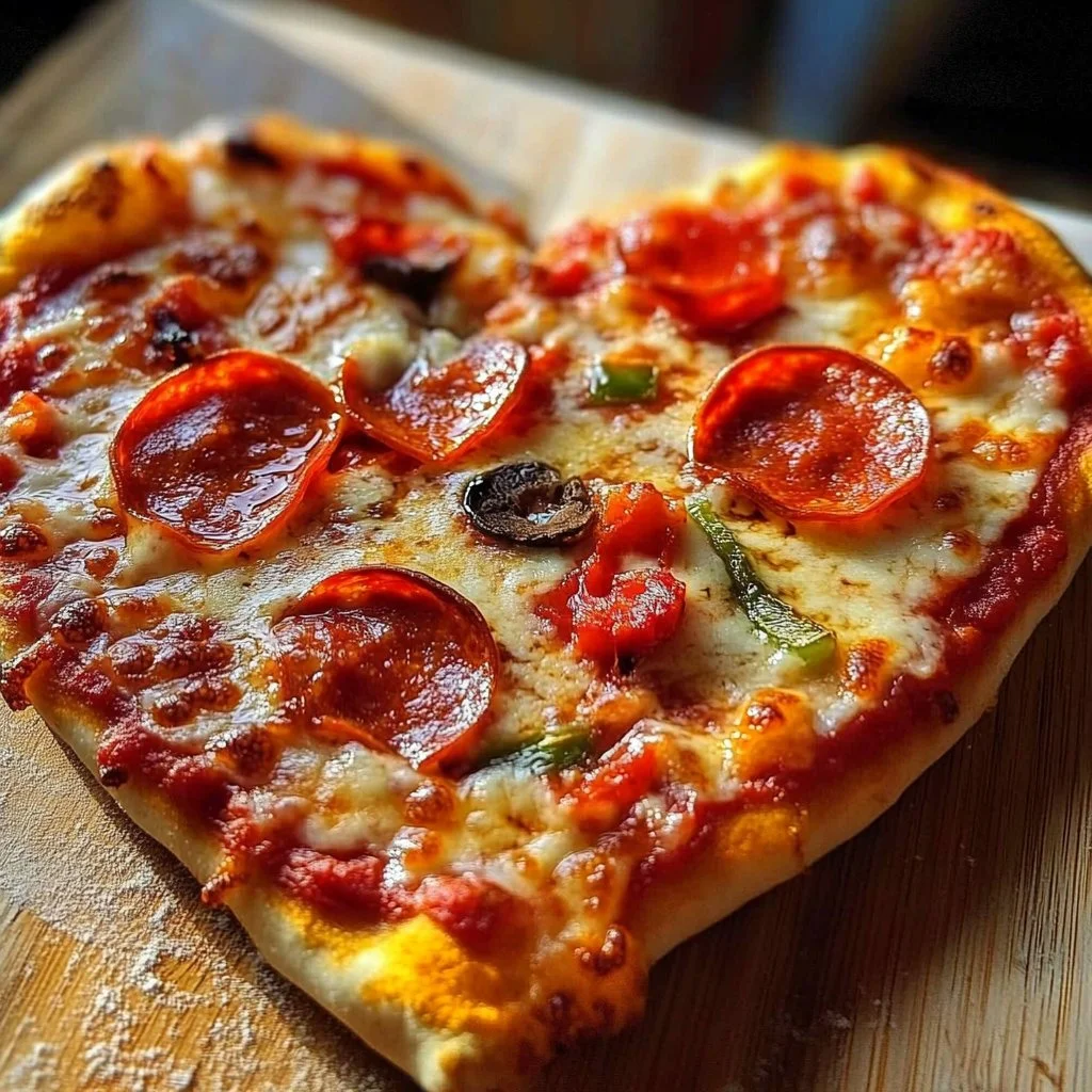 Delicious heart-shaped pizza topped with fresh ingredients, ideal for romantic meals.
