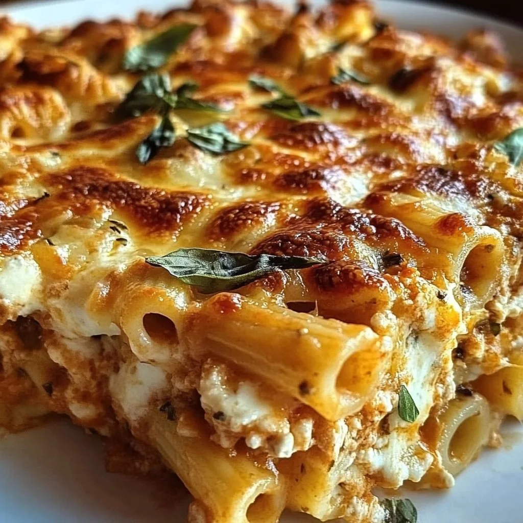 High Protein Cottage Cheese Pasta Bake with cheese and herbs