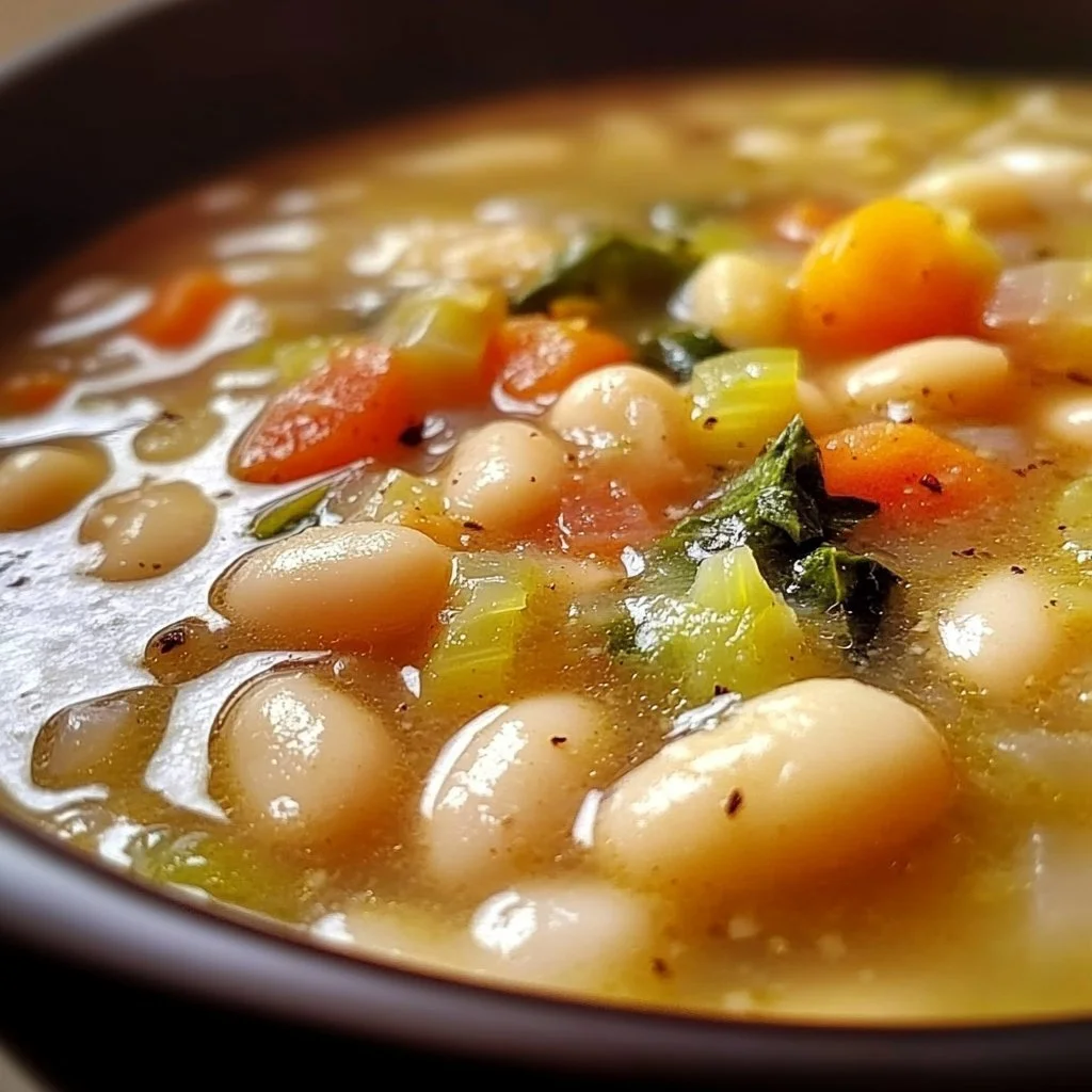 High protein white bean soup served in a bowl with fresh herbs.