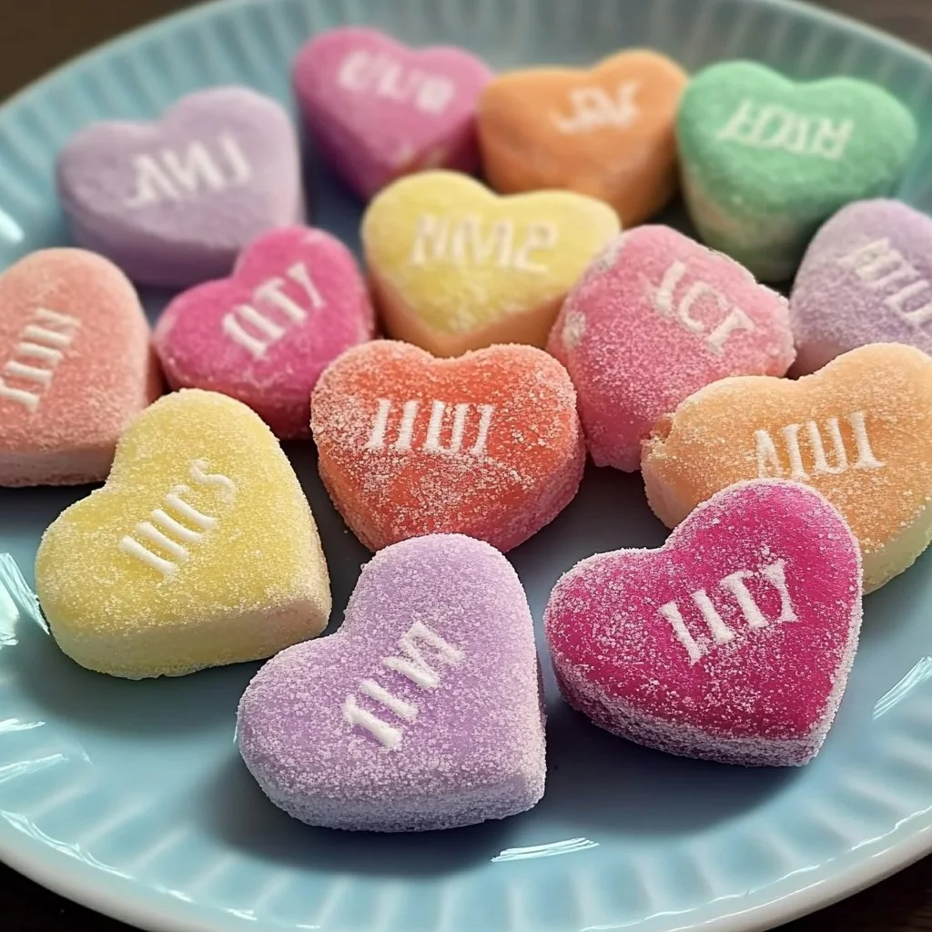 Colorful homemade candy hearts in various shapes and messages.