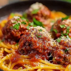 Plate of homemade classic spaghetti and meatballs garnished with parsley