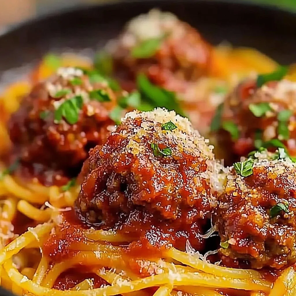 Plate of homemade classic spaghetti and meatballs garnished with parsley