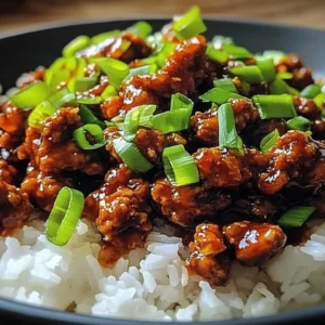 Plate of Honey Garlic Ground Turkey garnished with green onions