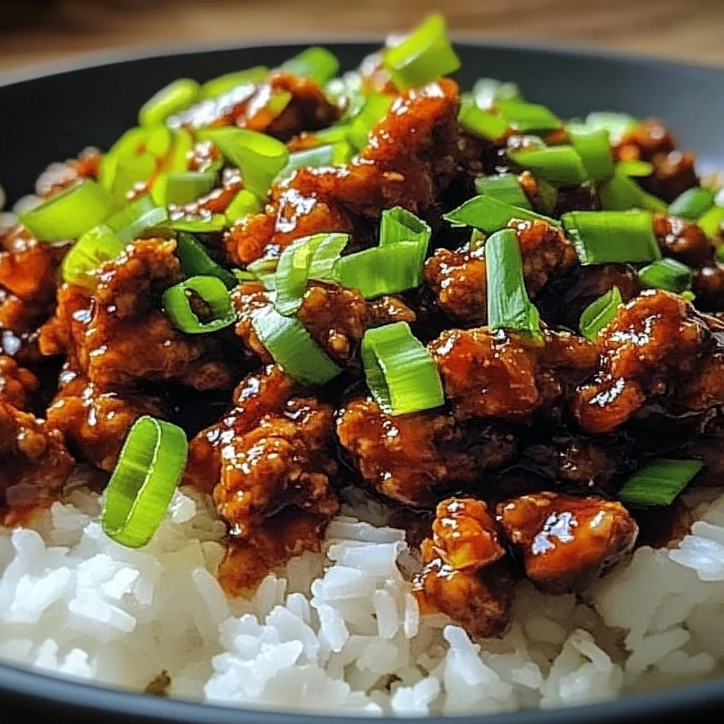 Plate of Honey Garlic Ground Turkey garnished with green onions