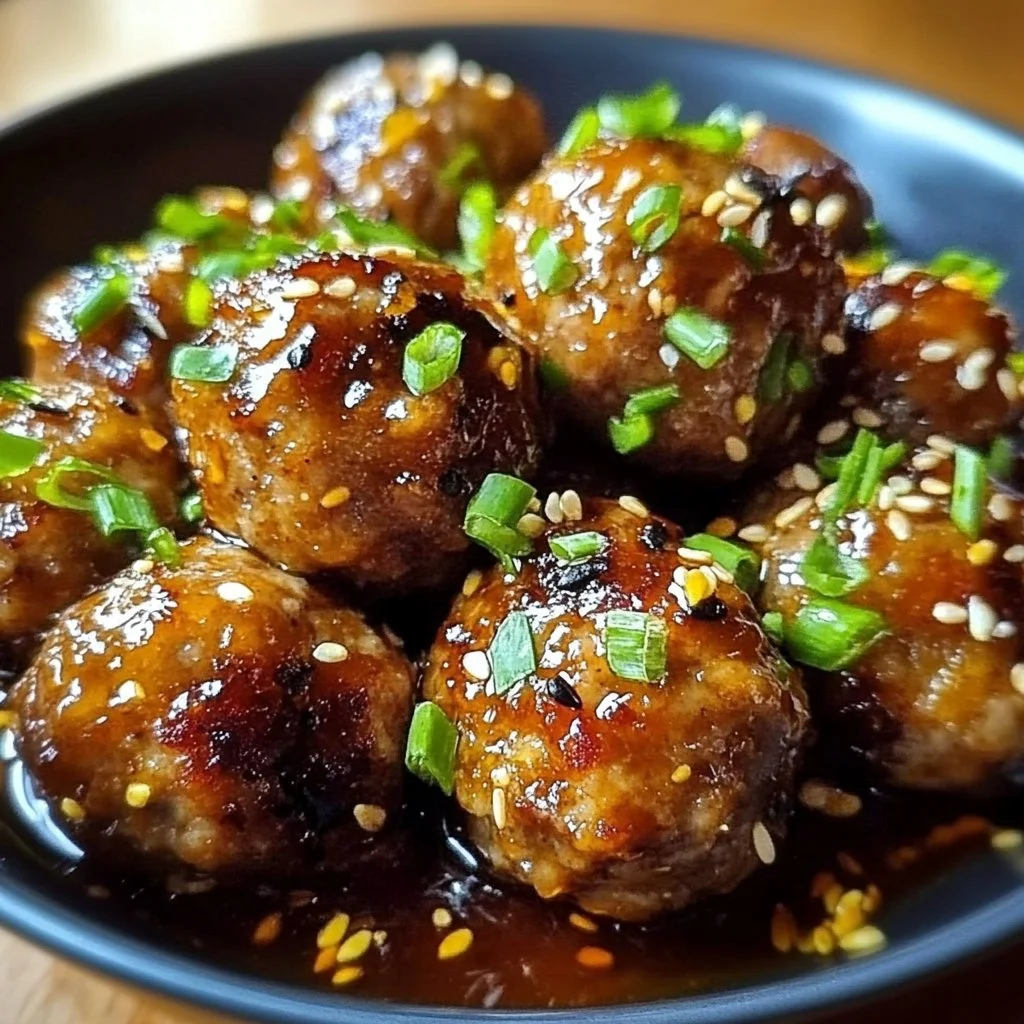 Delicious plate of honey garlic meatballs garnished with fresh herbs