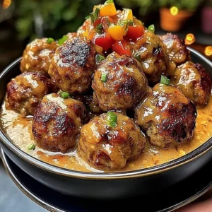 Honey Garlic Meatballs served with Sweet Pepper Dip on a plate