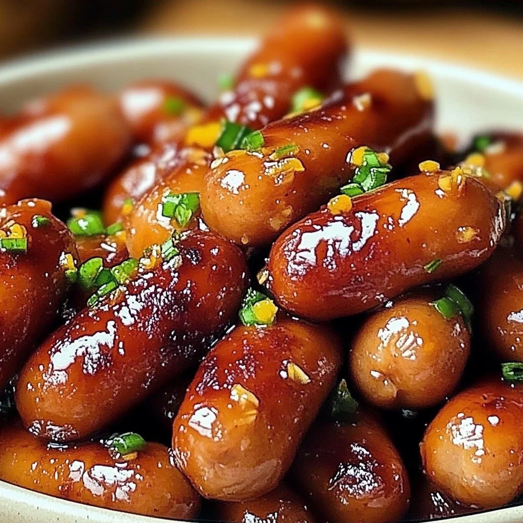Honey Garlic Smokies served in a dish with a drizzle of hot honey