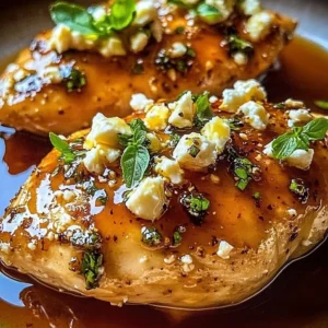 Hot Honey Infused Feta Chicken served on a plate with herbs.