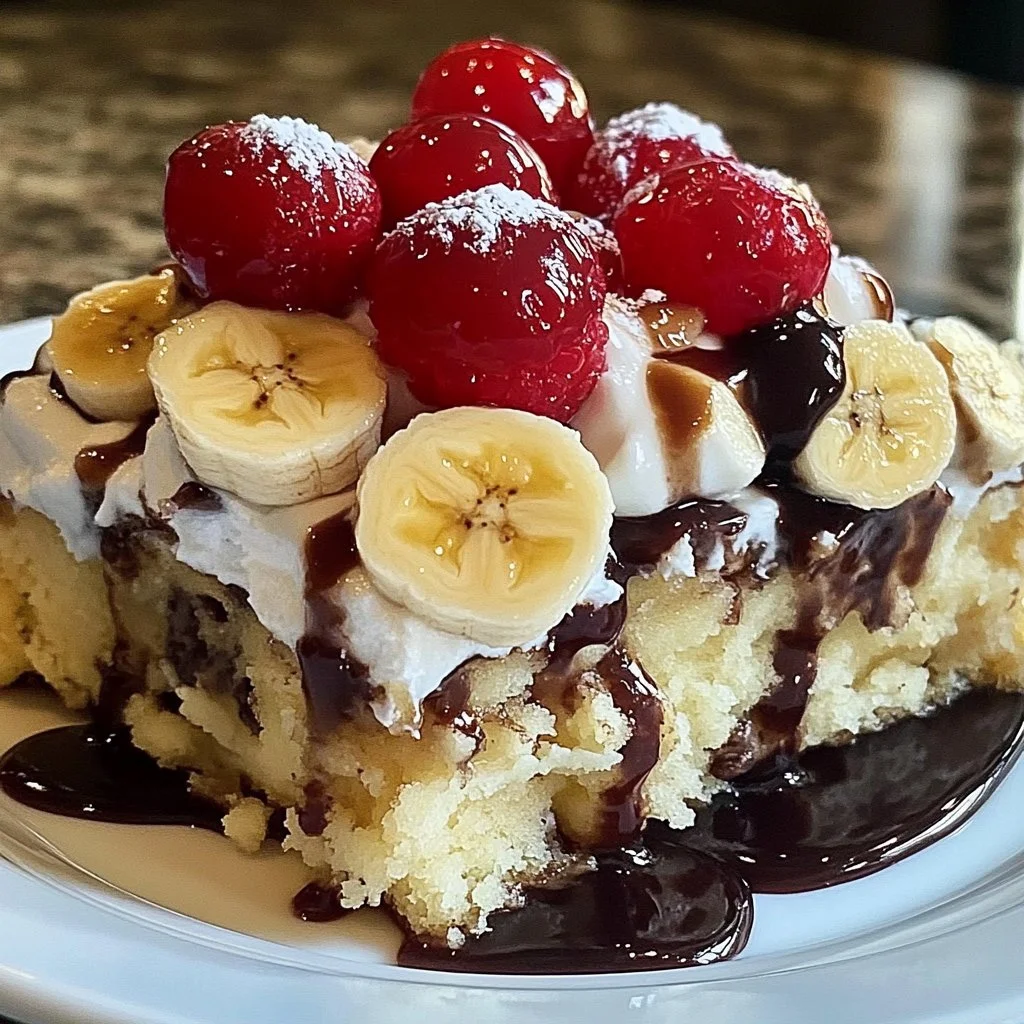 Delicious banana split dump cake with layers of bananas and ice cream