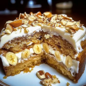 Slice of irresistible Banana Walnut Cream Cake topped with walnuts and cream frosting