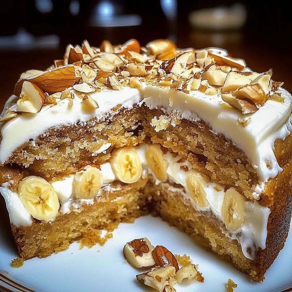 Slice of irresistible Banana Walnut Cream Cake topped with walnuts and cream frosting
