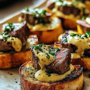 Irresistible beef tenderloin crostini garnished with fresh herbs on a platter.