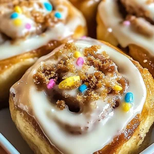 Irresistible birthday cake cinnamon rolls ready to be served at a celebration.