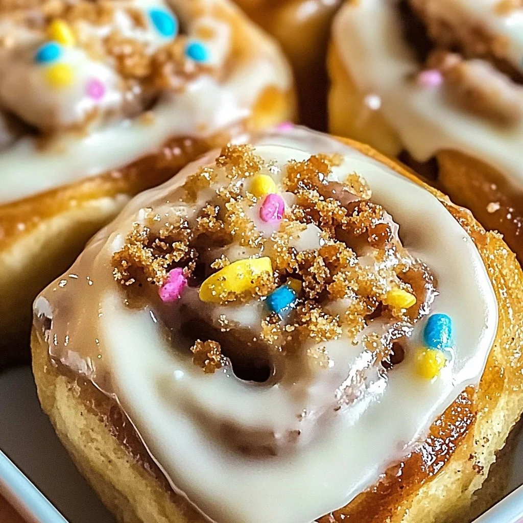 Irresistible birthday cake cinnamon rolls ready to be served at a celebration.