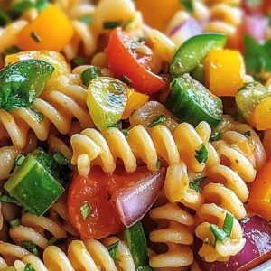 Delicious Bloody Mary Pasta Salad with fresh ingredients and vibrant colors.