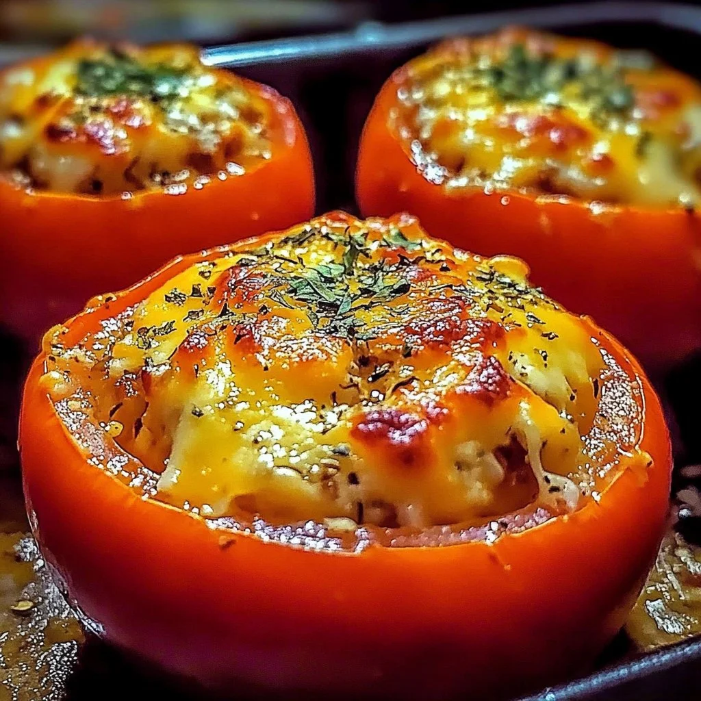 Cheesy stuffed tomatoes baked to perfection, showcasing a delicious filling