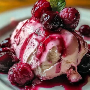 Irresistible cherry raspberry semifreddo dessert topped with fresh berries.