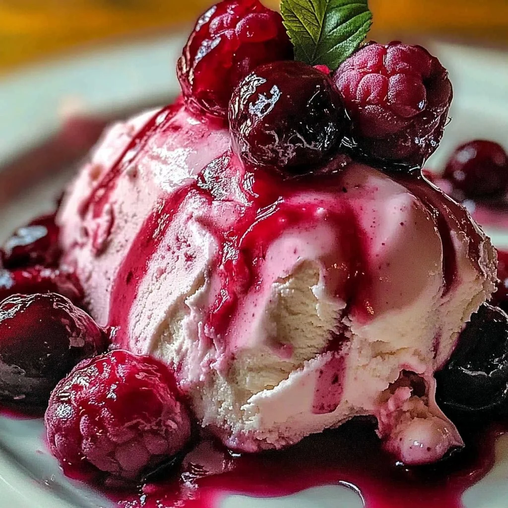 Irresistible cherry raspberry semifreddo dessert topped with fresh berries.