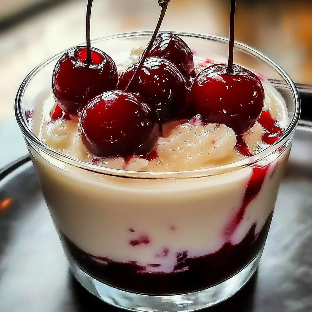 Cherry White Russian cocktail with cherries and cream served in a glass