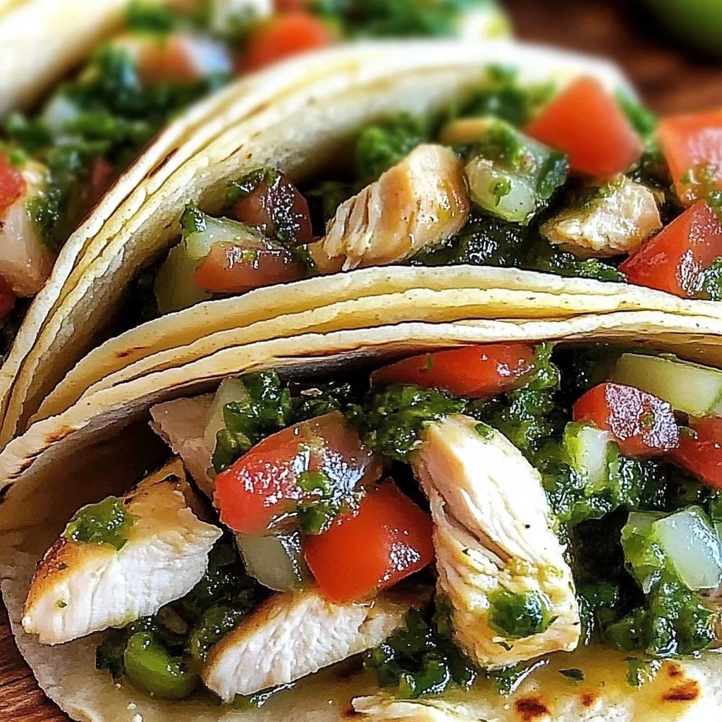Delicious chicken tacos topped with vibrant chimichurri sauce
