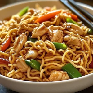 Delicious plate of irresistible chicken chow mein with colorful vegetables.