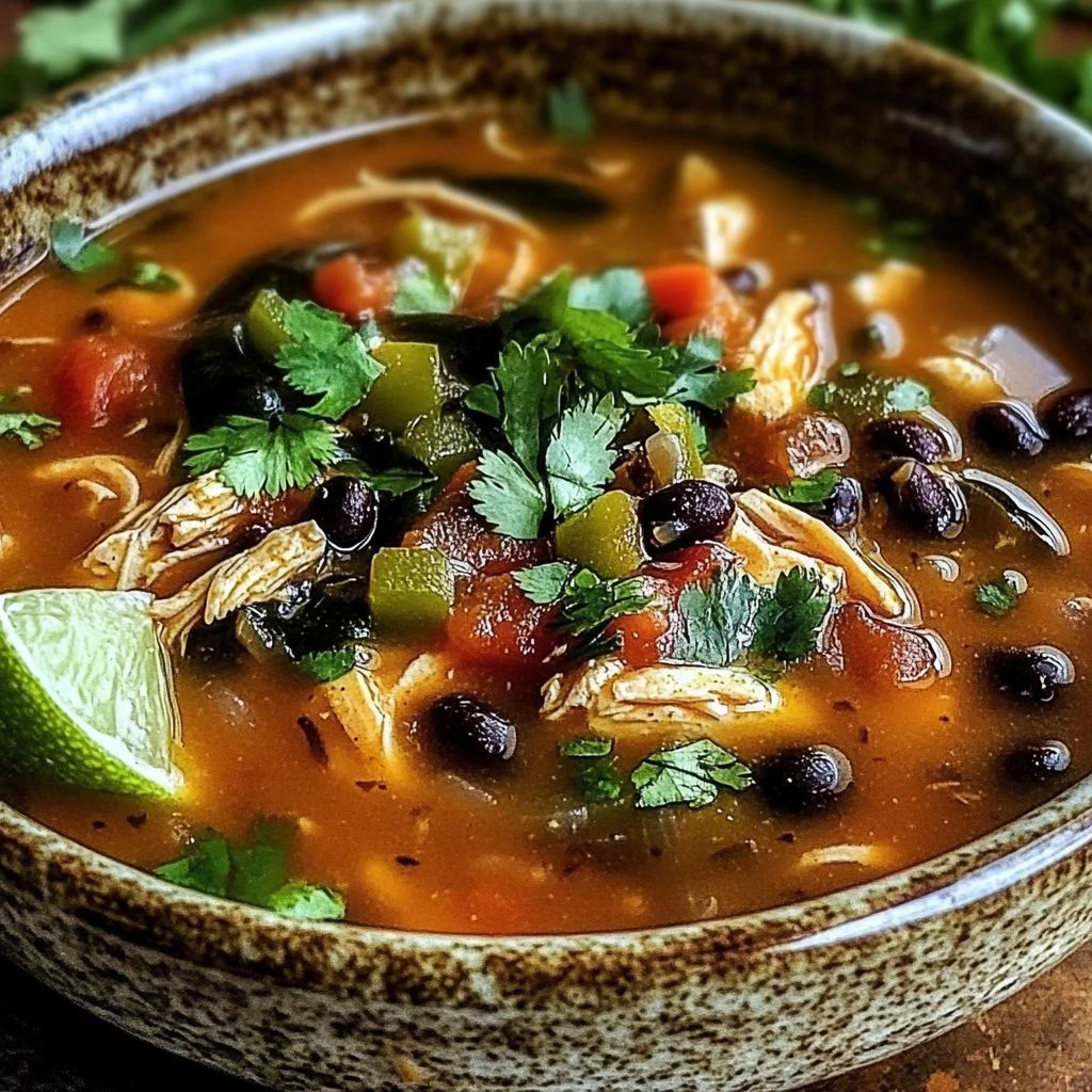 Bowl of Chicken Poblano and Black Bean Soup garnished with cilantro and lime.