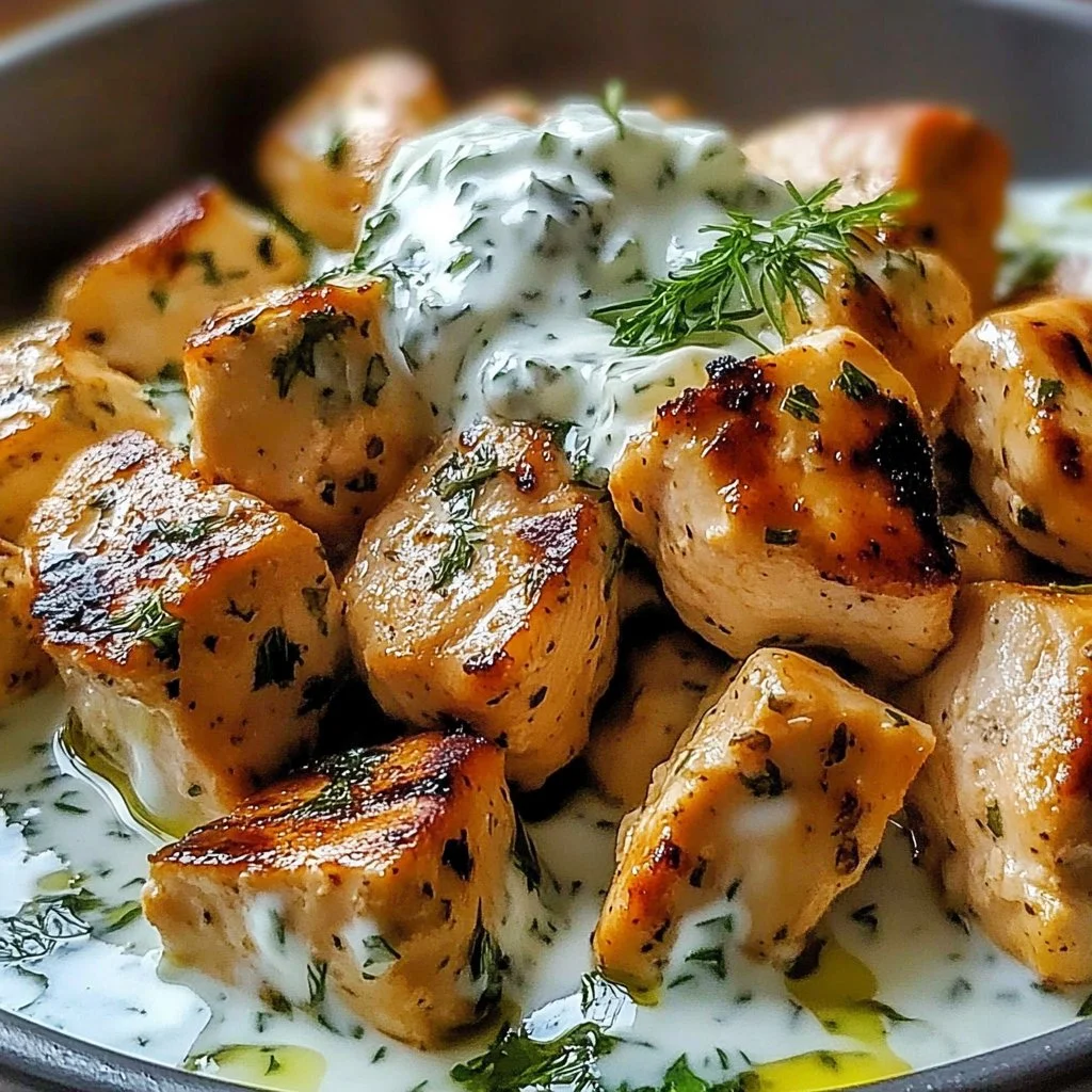 Delicious chicken tzatziki skillet served with fresh ingredients and tzatziki sauce.