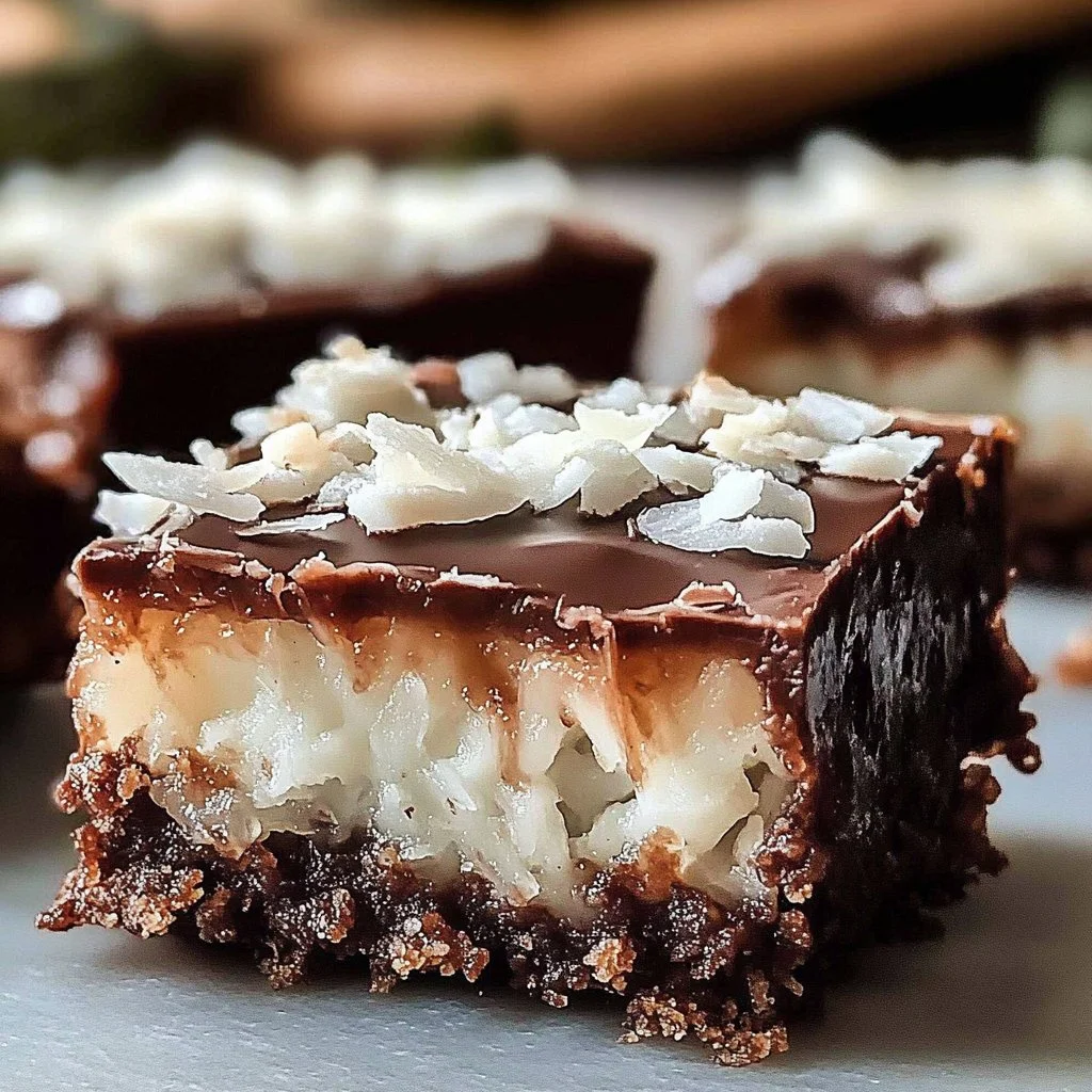 Delicious homemade chocolate coconut bars with chocolate drizzle