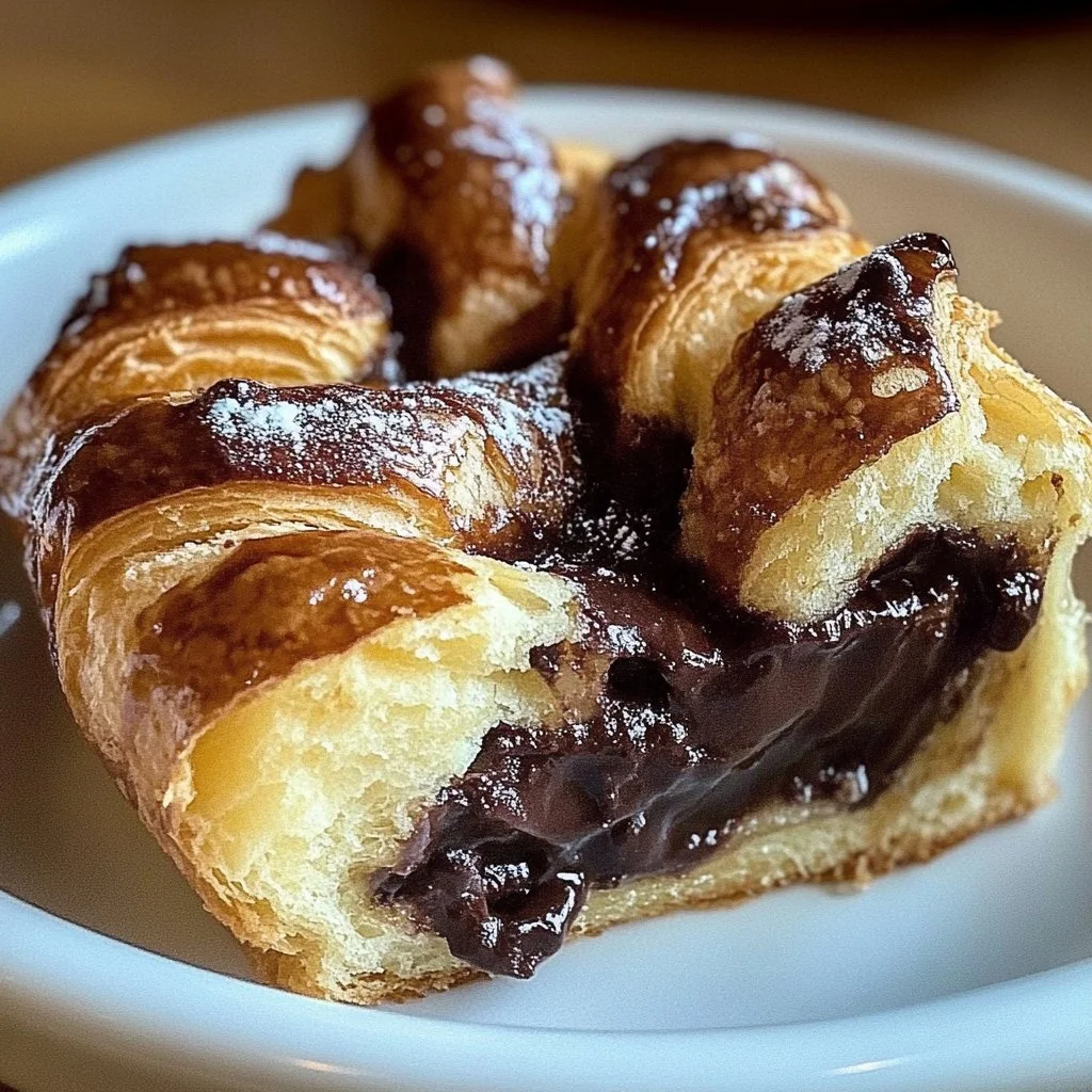 Freshly baked chocolate croissant breakfast bake with melted chocolate inside