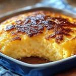 Deliciously baked Colonial Spoon Bread served on a rustic table