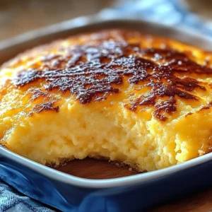 Deliciously baked Colonial Spoon Bread served on a rustic table