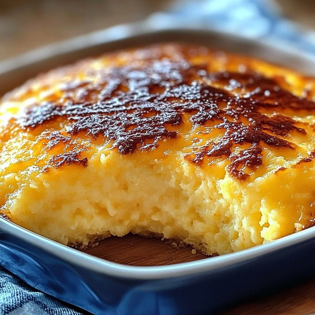 Deliciously baked Colonial Spoon Bread served on a rustic table