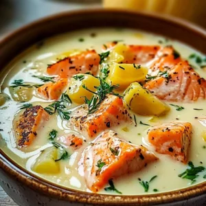 Bowl of cozy salmon chowder garnished with herbs and crackers