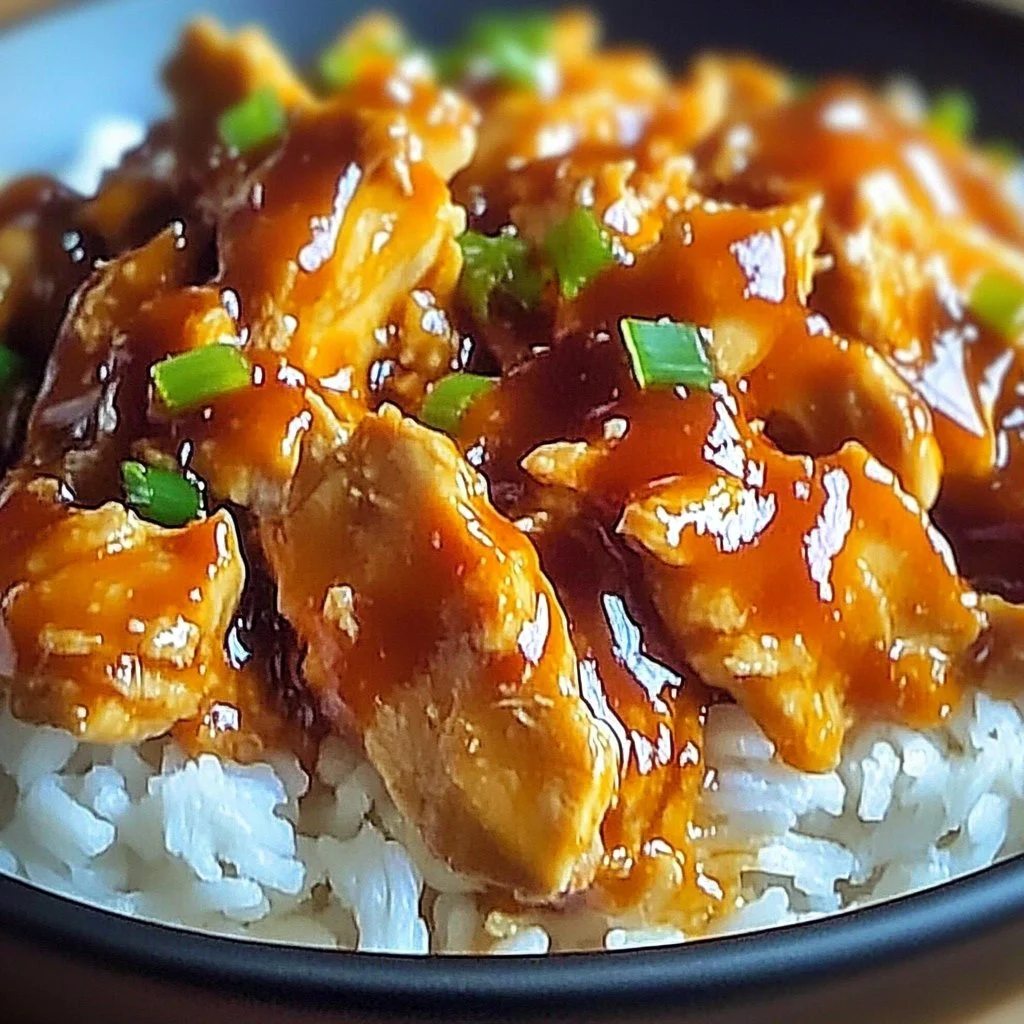 Delicious bowl of crockpot orange chicken garnished with green onions.