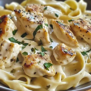 Creamy dairy-free chicken Alfredo served in a bowl with parsley garnish