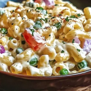 Bowl of Dolly Parton macaroni salad with fresh ingredients and colorful presentation