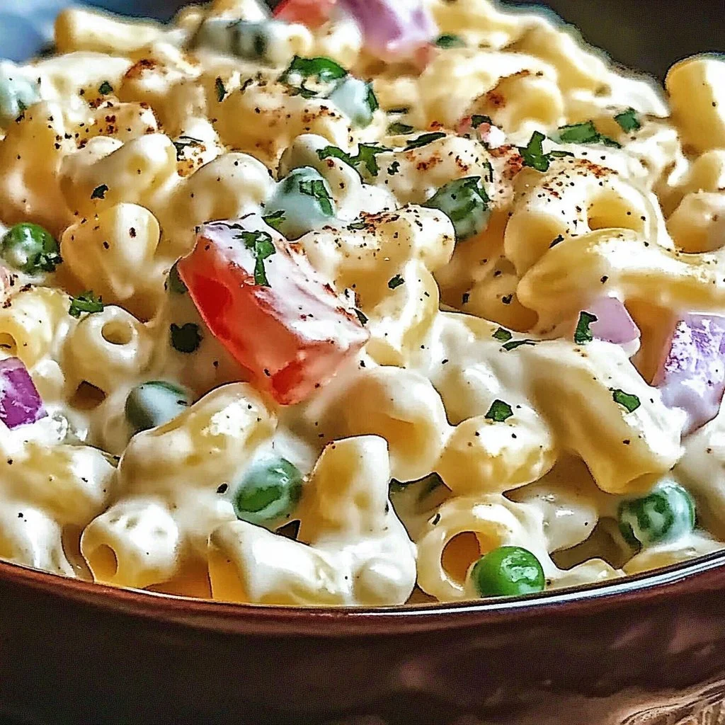 Bowl of Dolly Parton macaroni salad with fresh ingredients and colorful presentation