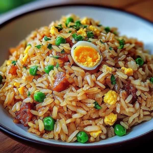 Delicious plate of irresistible egg fried rice with vegetables and scrambled eggs