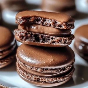 Delicious French chocolate macarons on a wooden plate
