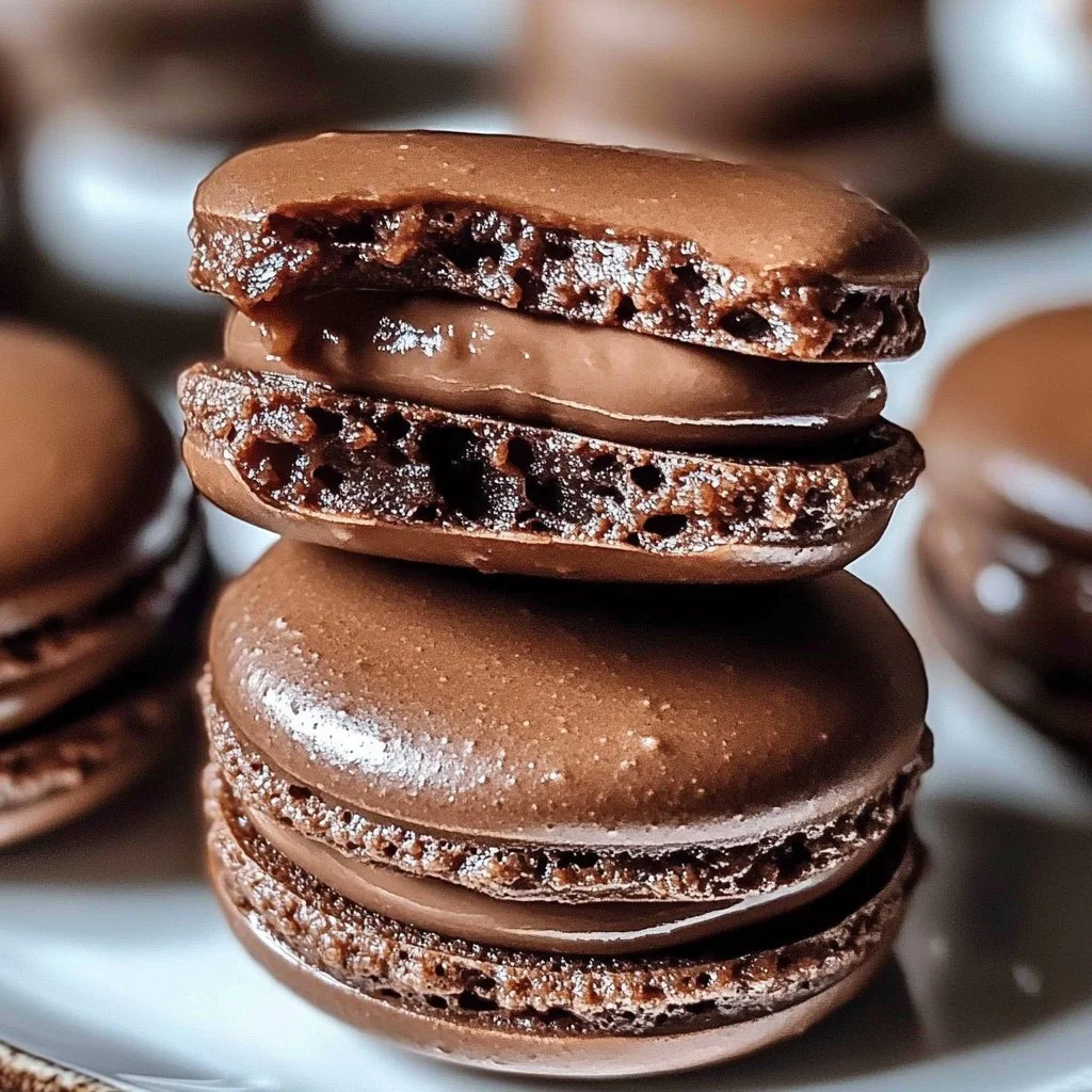 Delicious French chocolate macarons on a wooden plate