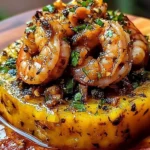 Delicious garlic shrimp mofongo served on a plate, showcasing vibrant flavors.