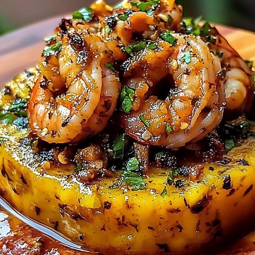 Delicious garlic shrimp mofongo served on a plate, showcasing vibrant flavors.