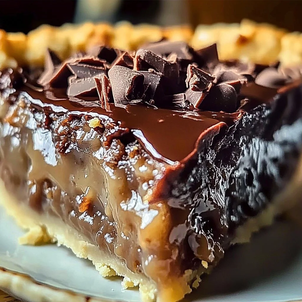 Irresistible German Chocolate Pie with decadent chocolate and coconut topping