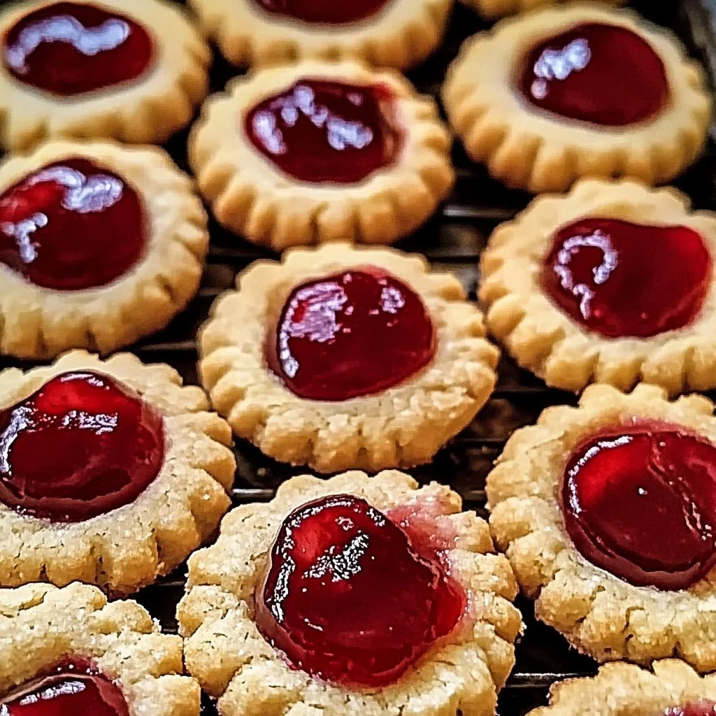 Gluten-free cherry pie thumbprint cookies on a plate with cherry filling.