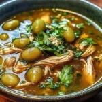 Bowl of green chicken pozole topped with fresh cilantro and radishes